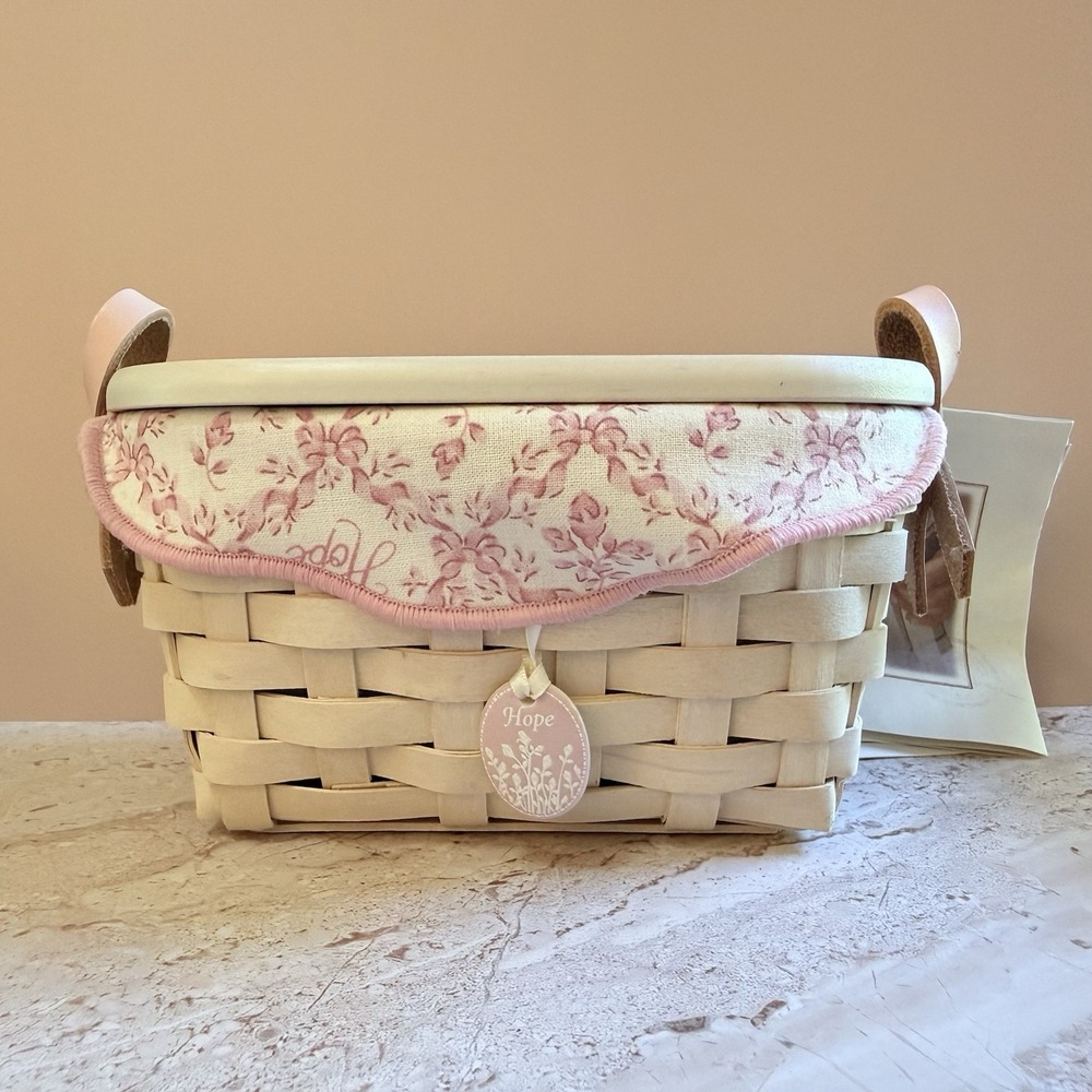 Longaberger Horizon of Hope Basket Set Pink White Floral Liner Lid Tie-On Charm
